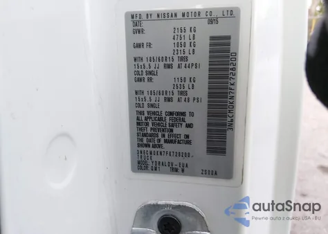 2015 Nissan Nv200 S/Sv z USA, uszkodzony, nr VIN 3N6CM0KN7FK728200